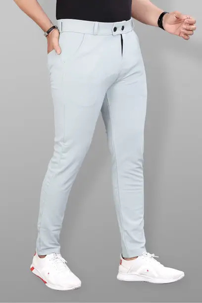 Men Slim Fit Grey Lycra Blend Trousers