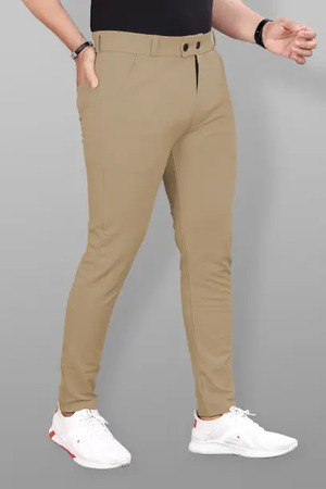 Men Slim Fit Khaki Lycra Blend Trousers